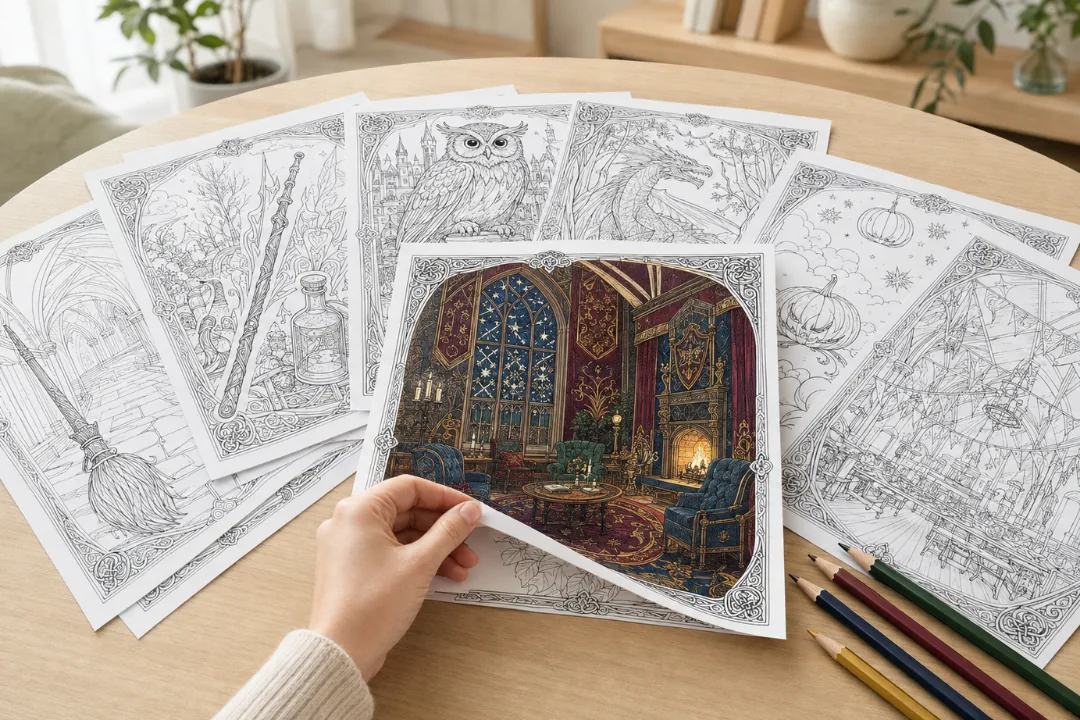 The collection in use, an open page being coloured