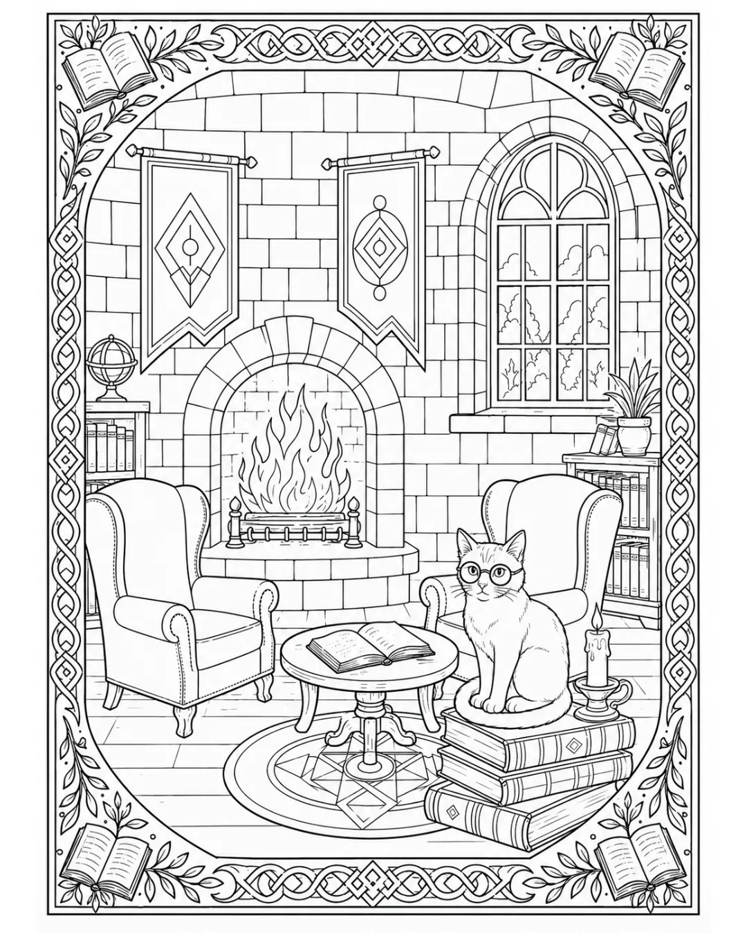 Common room with fireplace illustration