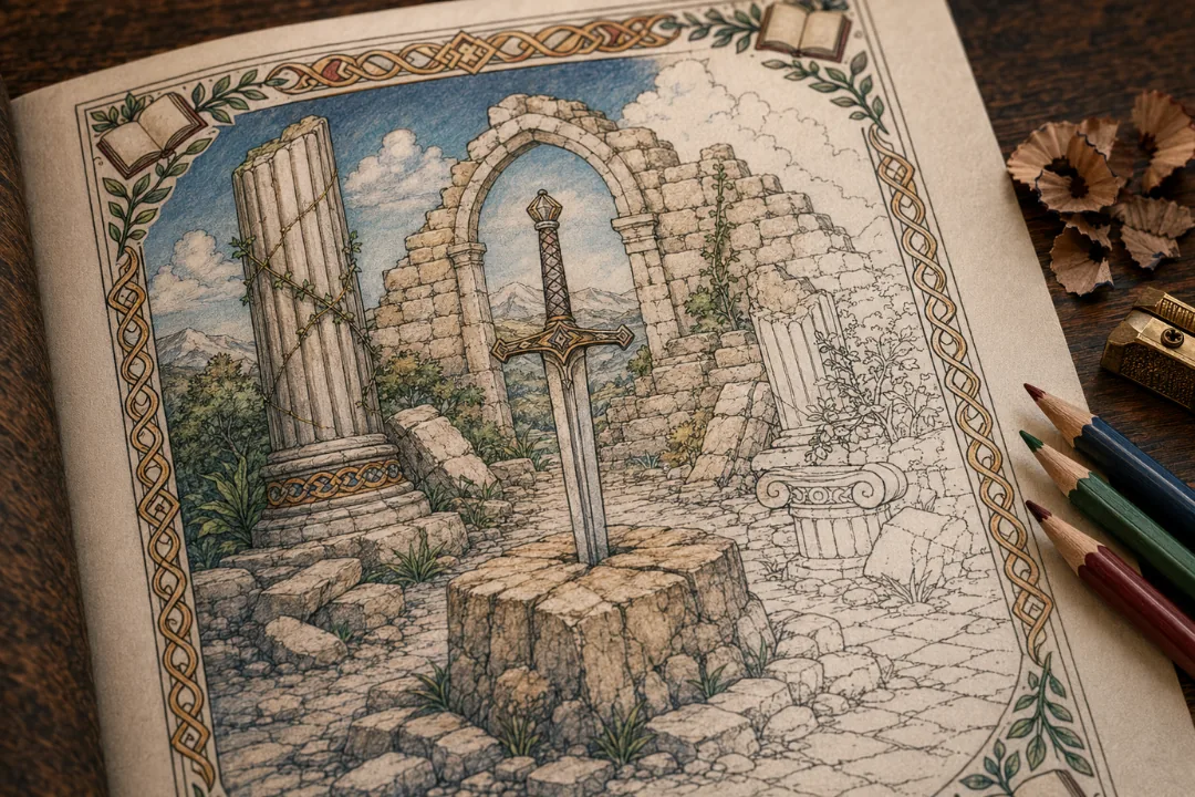 Coloured example: the sword in the stone illustration