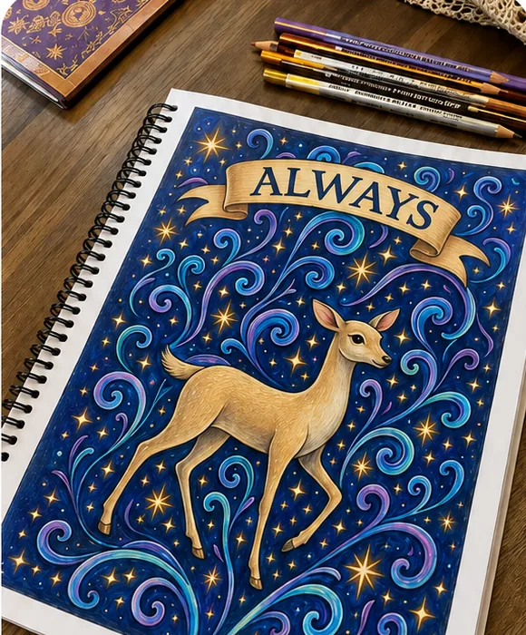 A fan's coloured page, photographed on their desk